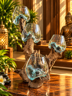 Glas op teakwortel – 4 bowls ca. Ø15 cm