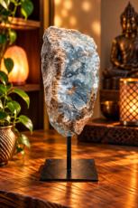 E066 Blauwe onyx op metalen voet – 20 cm