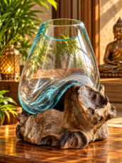 HAK01 Glasbol op teakwortel – 1 bowl ca. Ø15 cm