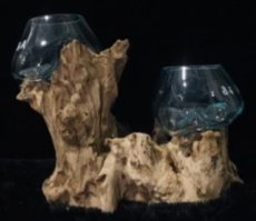 HAK04 Houten Basis met 2 Handgeblazen Bollen – Ø20 cm