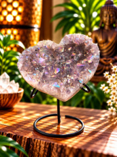 K401 Amethist aura hart op metalen voet – 11 cm