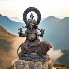 KR236 zittende, drie-koppige en acht-armige Ganesha, gezeten op een leeuw